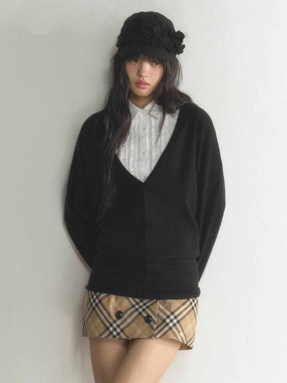 Deep V-Neck Knit Shirt Set
