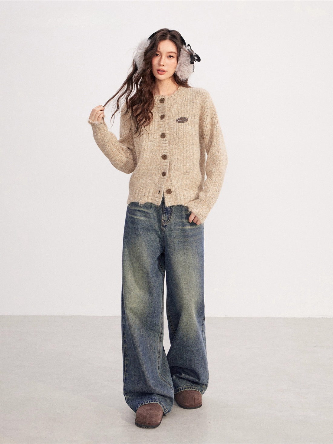 Khaki Tweed Chunky Knit Cardigan