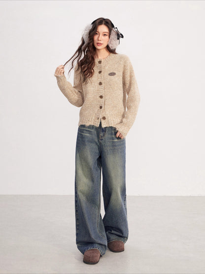 Khaki Tweed Chunky Knit Cardigan