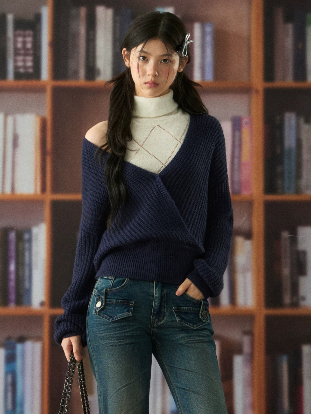 Oversized Deep V-Neck Wool Knit Sweater