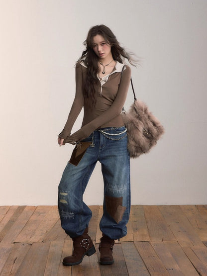 Patchwork Contrast Straight-Leg Jeans