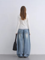 Blue Rhinestone Curved Leg Jeans