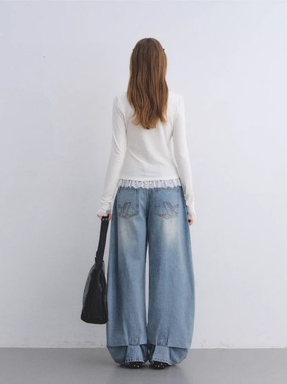 Blue Rhinestone Curved Leg Jeans