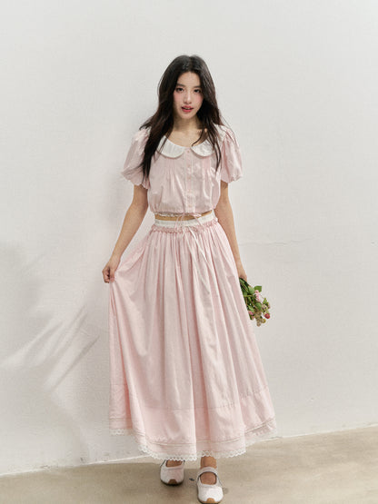 Pink Doll‑Collar Drawstring‑Hem Blouse &amp; Flared Midi Skirt