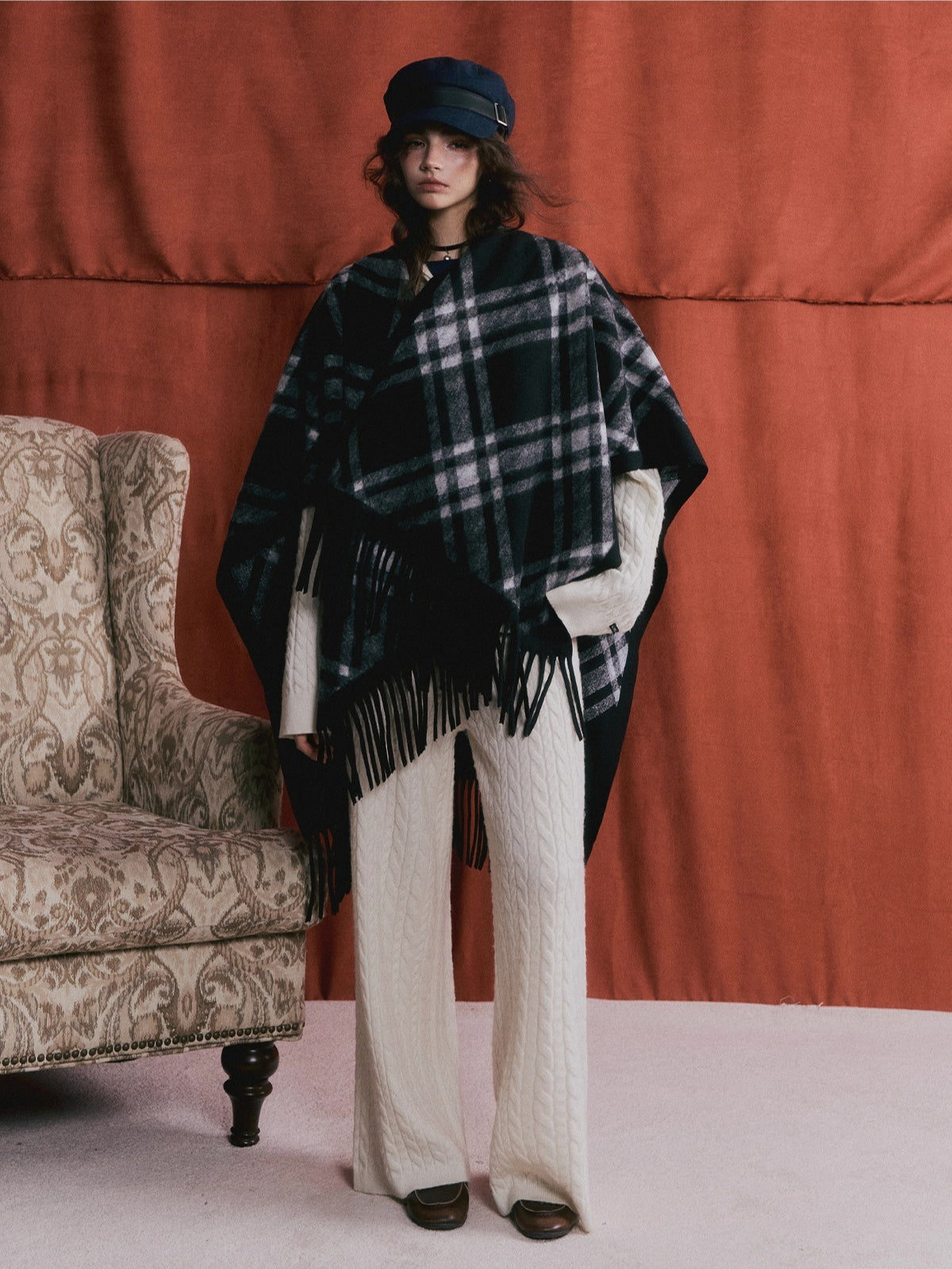 Retro Check Tassel Cape Scarf