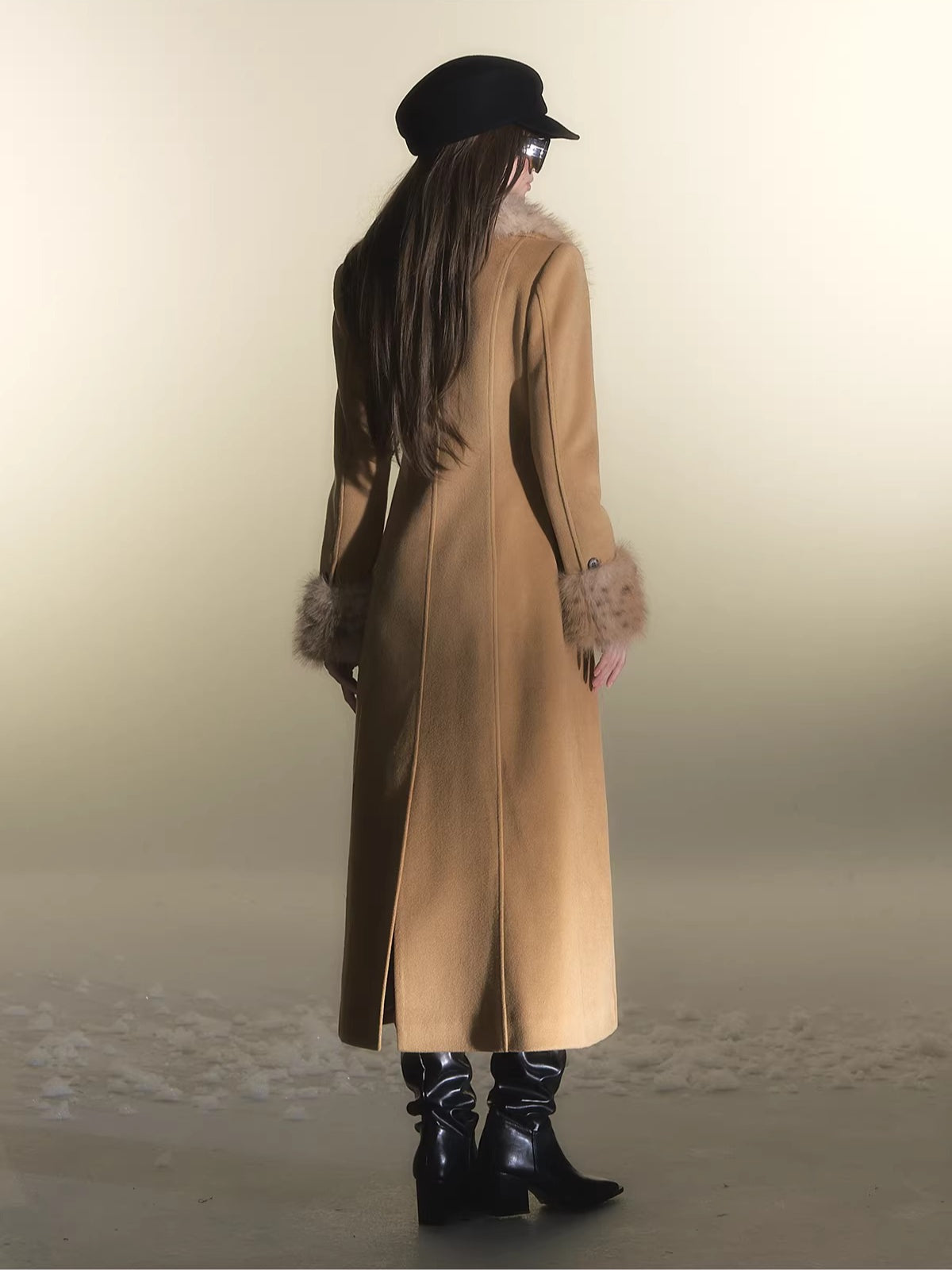 Leopard Fur Trim Fitted Wool Coat