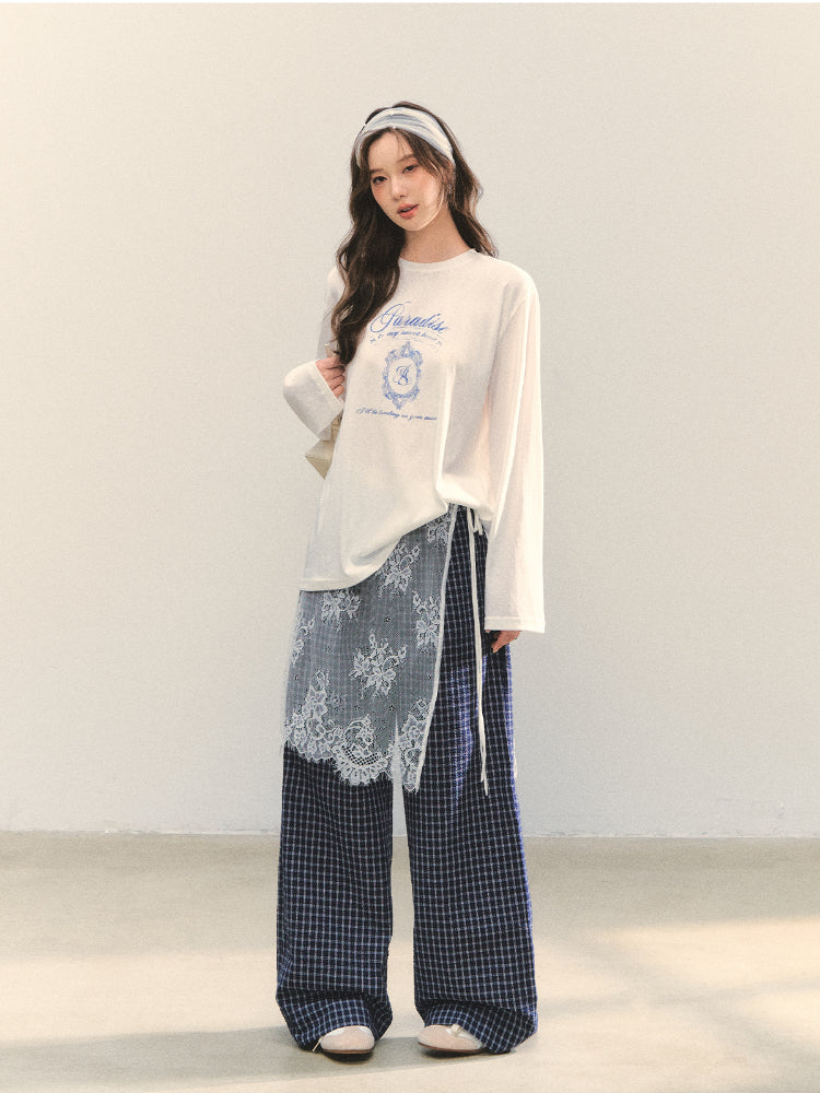 Plaid Color-block Waist Spliced Straight Pants