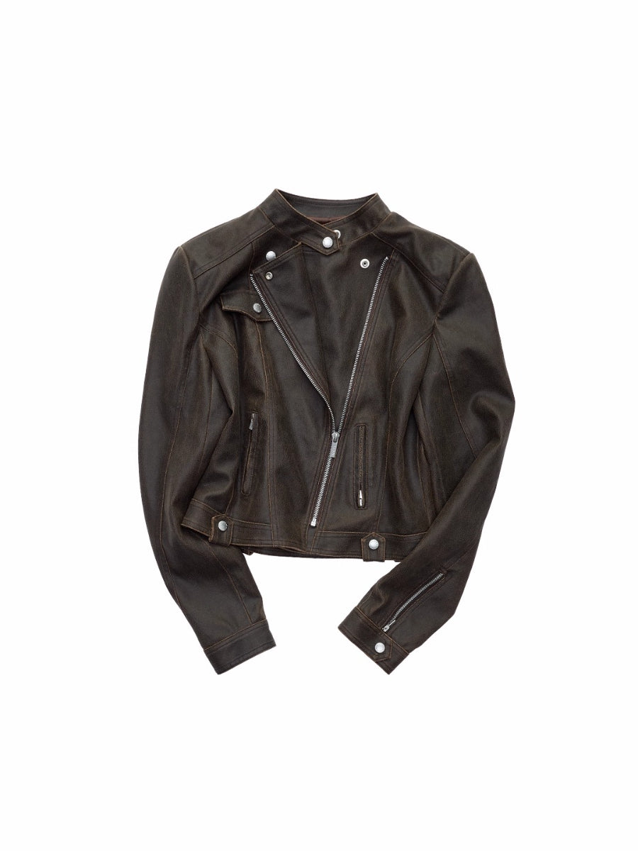 Vintage Washed Cracked Leather Fitted Moto Jacket