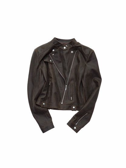 Vintage Washed Cracked Leather Fitted Moto Jacket