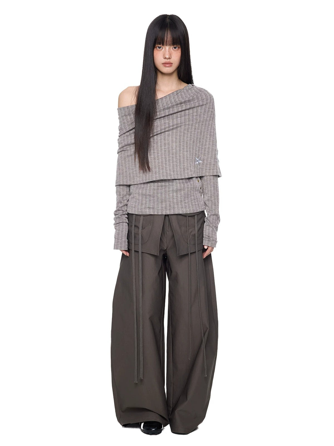 Asymmetric Striped Knit Shoulder Top