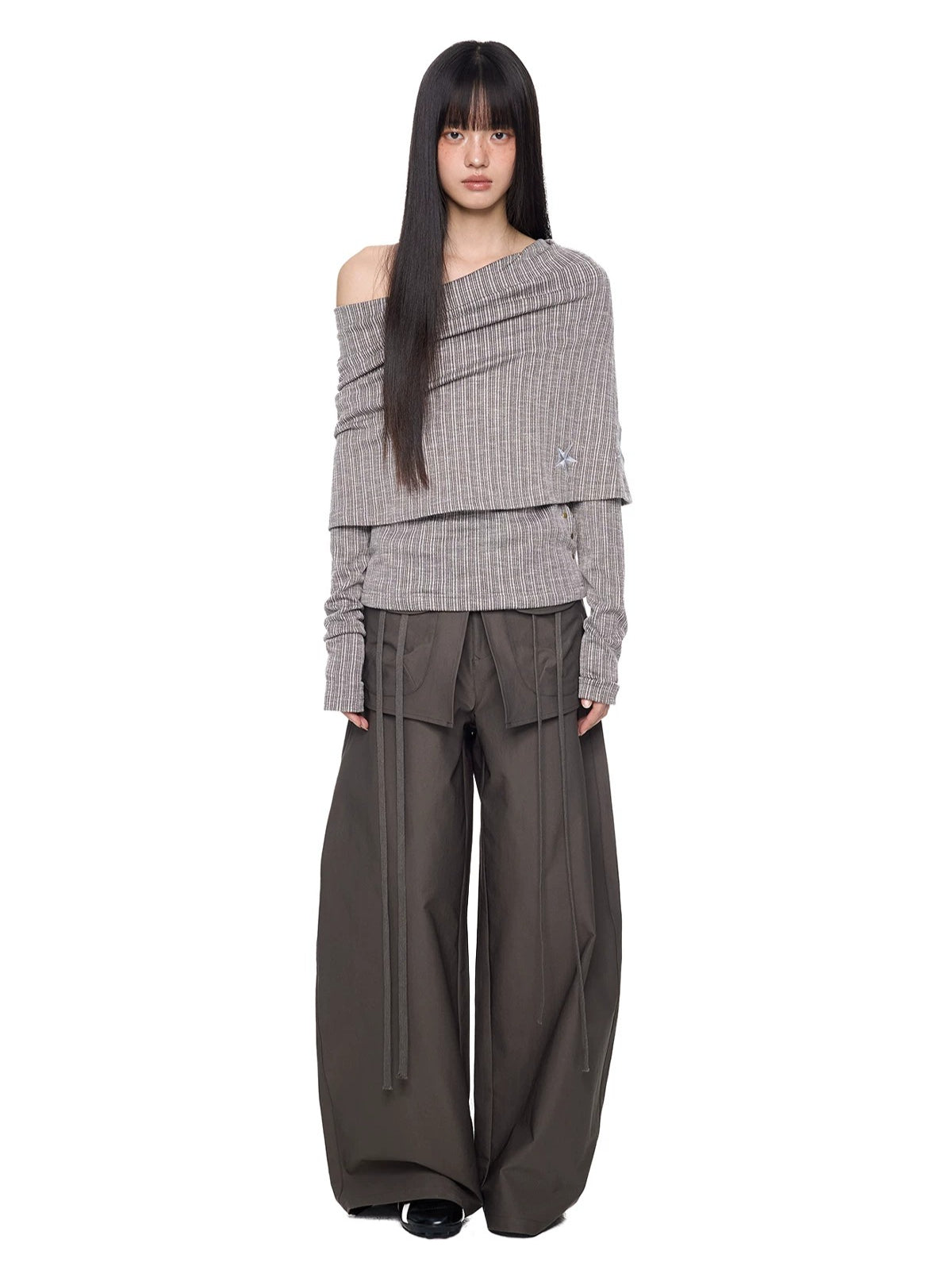Asymmetric Striped Knit Shoulder Top