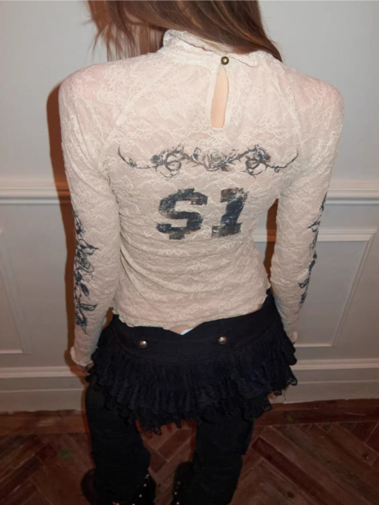 Rose Lace Print Mesh Top