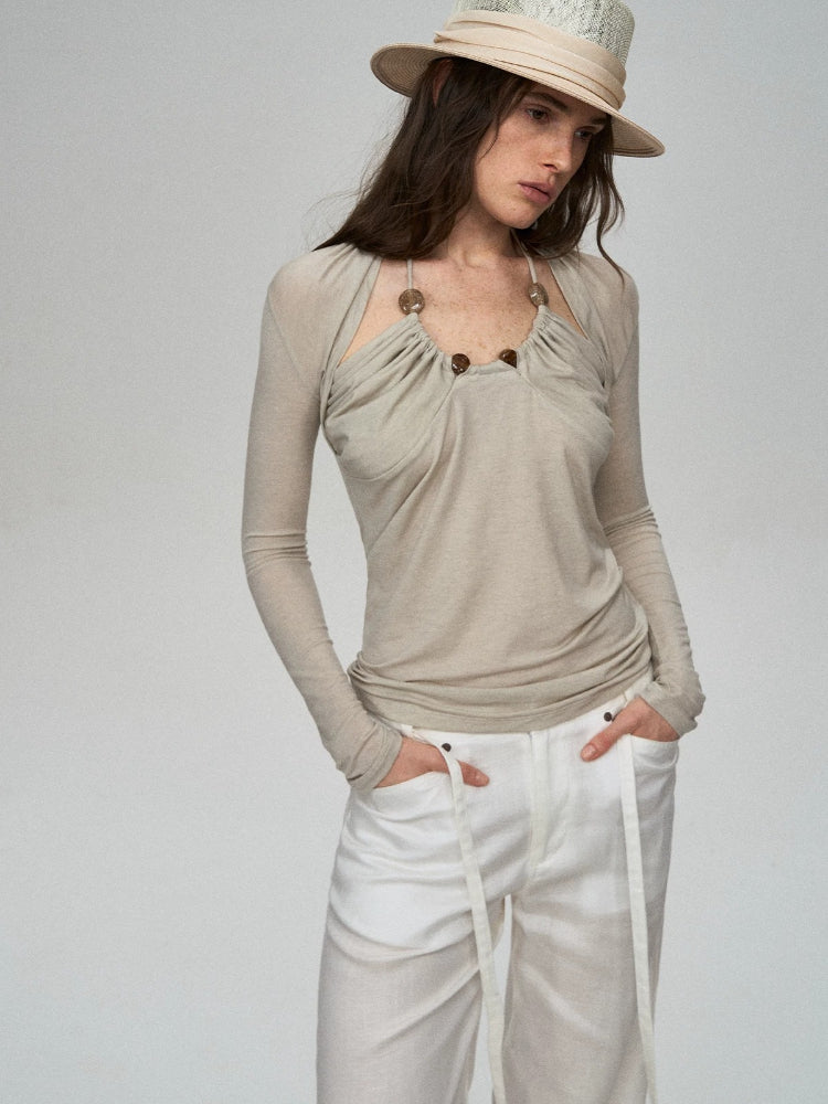 Lyocell Wool Pleated Beaded Tee