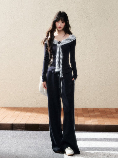 Navy Contrast Knit Blouse