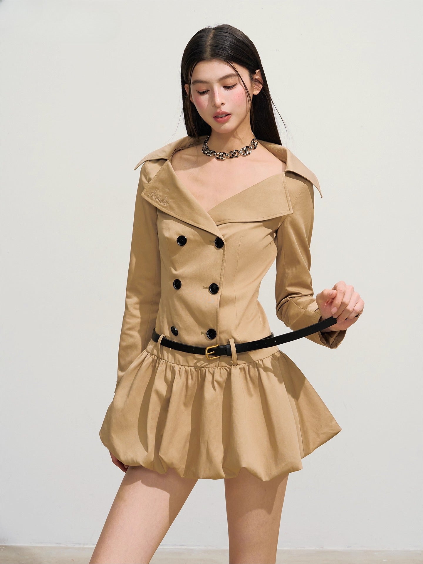 Trench-Style Double-Breasted Waist-Defined Dress