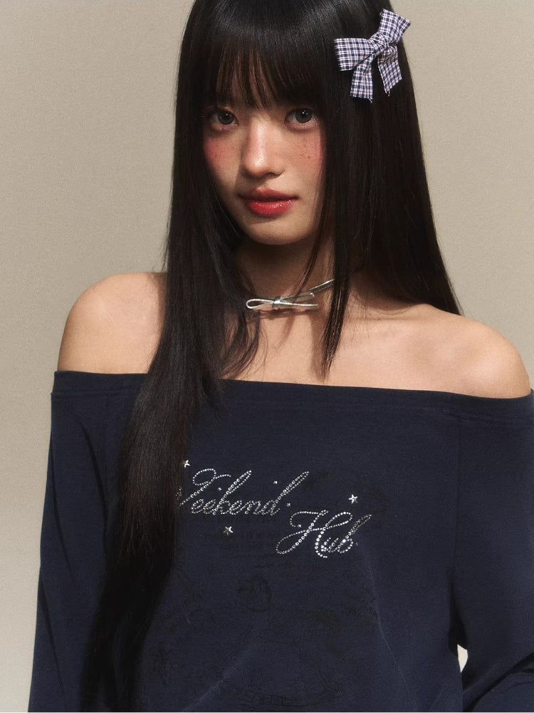 Off-Shoulder Rhinestone Letter Tee