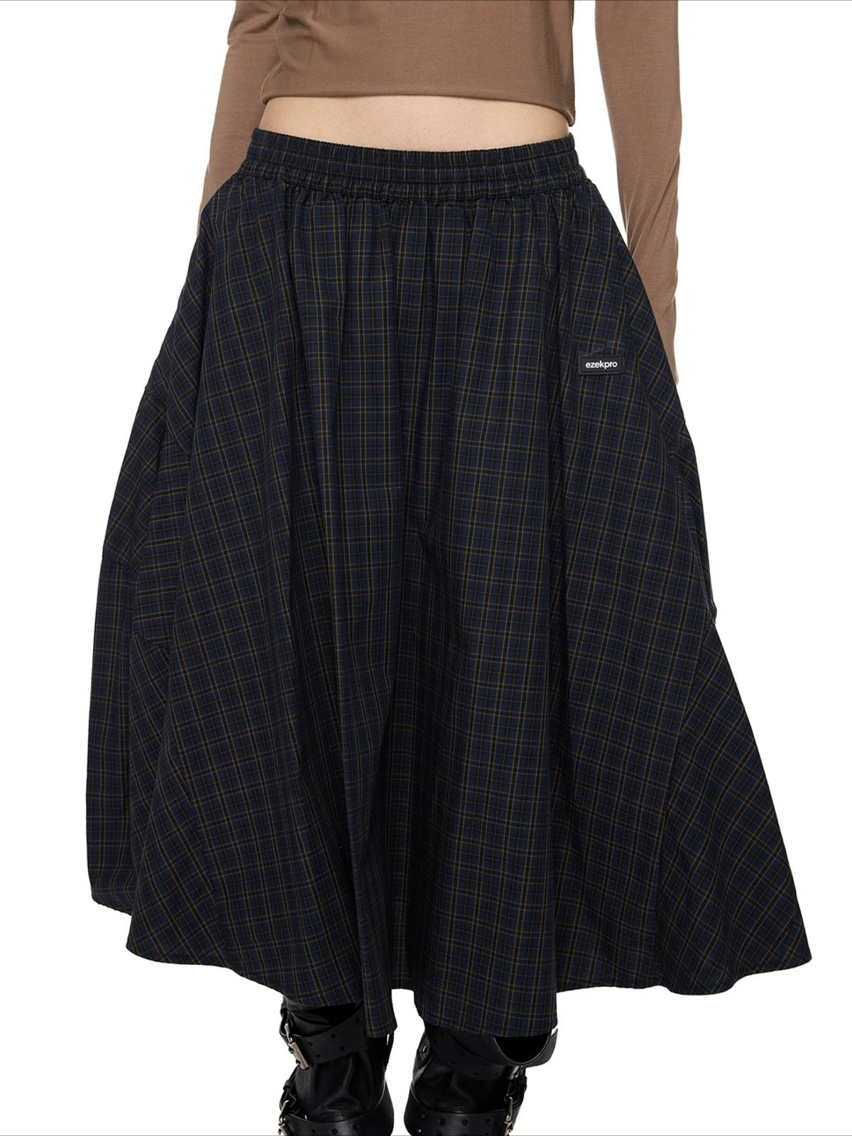 Plaid Gathered Midi Skirt