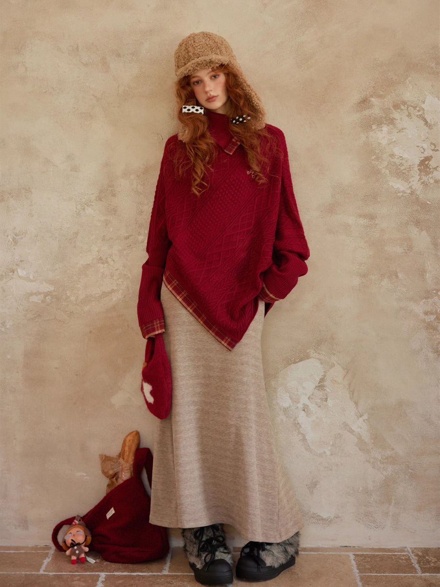 Plaid Patchwork Batwing Sleeve Knit Sweater