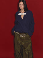 Wool V-Neck Buckle-Panel Sweater