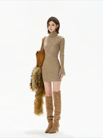 Camel Lace High Neck Knit Dress