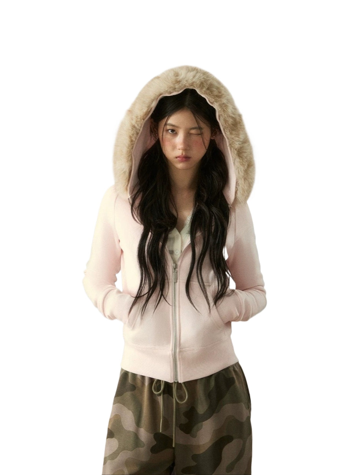 Pink Fur Collar Hoodie