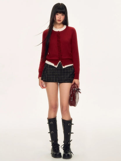 Red Layered Ruffle Trim Knit Pullover