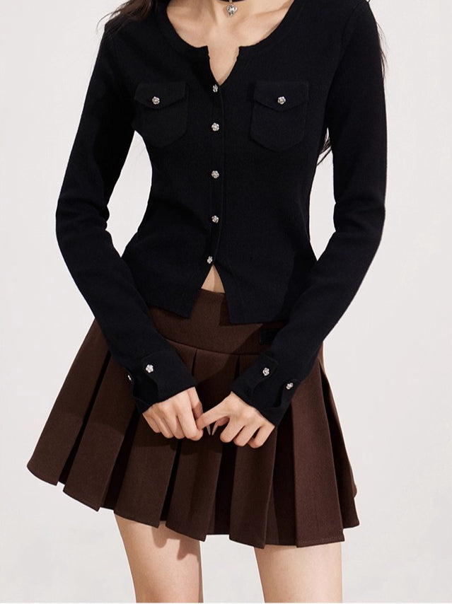 Wool-Blend Flower-shaped Buttons Cardigan
