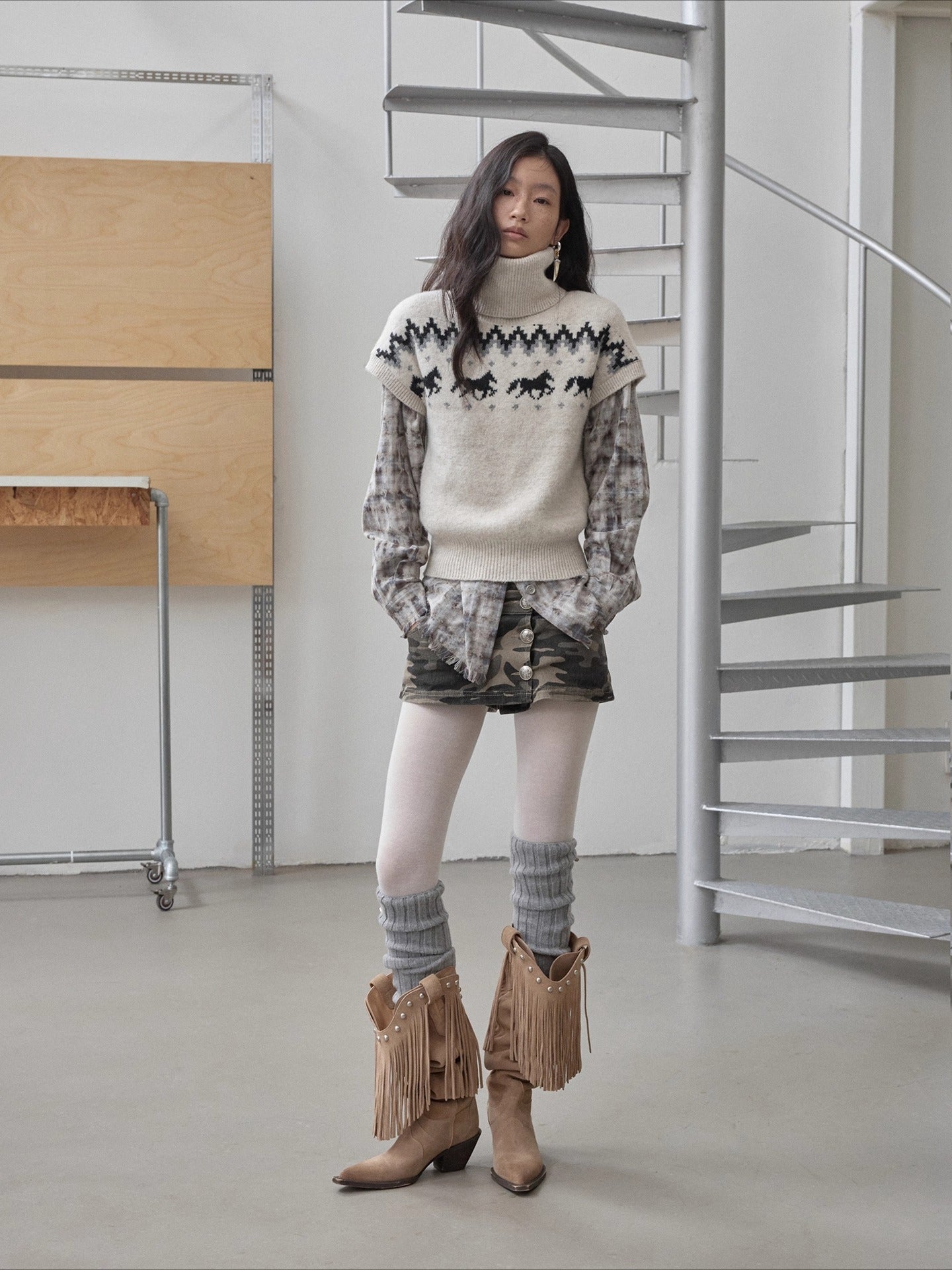 Fair Isle Pony Jacquard Turtleneck Knit Sweater