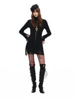 High Neck Cutout Knit A-Line Dress