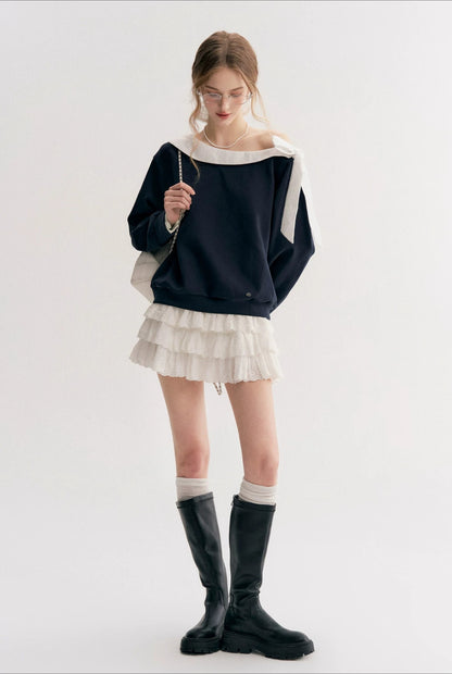 Navy &amp; Pink Bow Off-Shoulder Sweatshirt