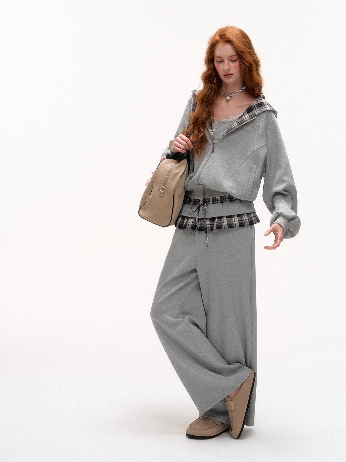 Plaid Patch Embroidered Sweatshirt &amp; Ruffled Waist Pants Set