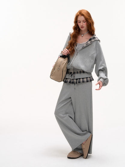 Plaid Patch Embroidered Sweatshirt &amp; Ruffled Waist Pants Set