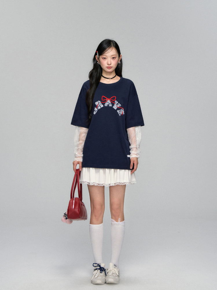 Lace-spliced Alphabet Bow T-shirt