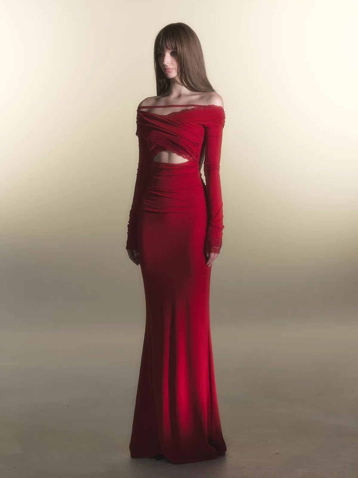 Red Off-Shoulder Long-Sleeve Bodycon Dress