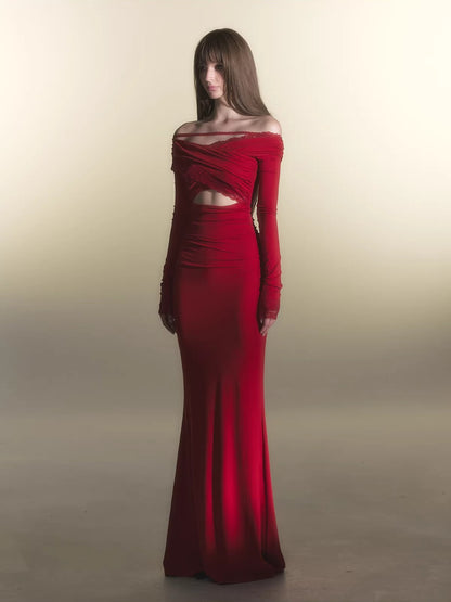 Red Off-Shoulder Long-Sleeve Bodycon Dress