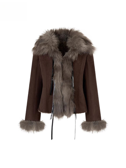 Bow Knot Tie Faux Leather Fur Combo Jacket