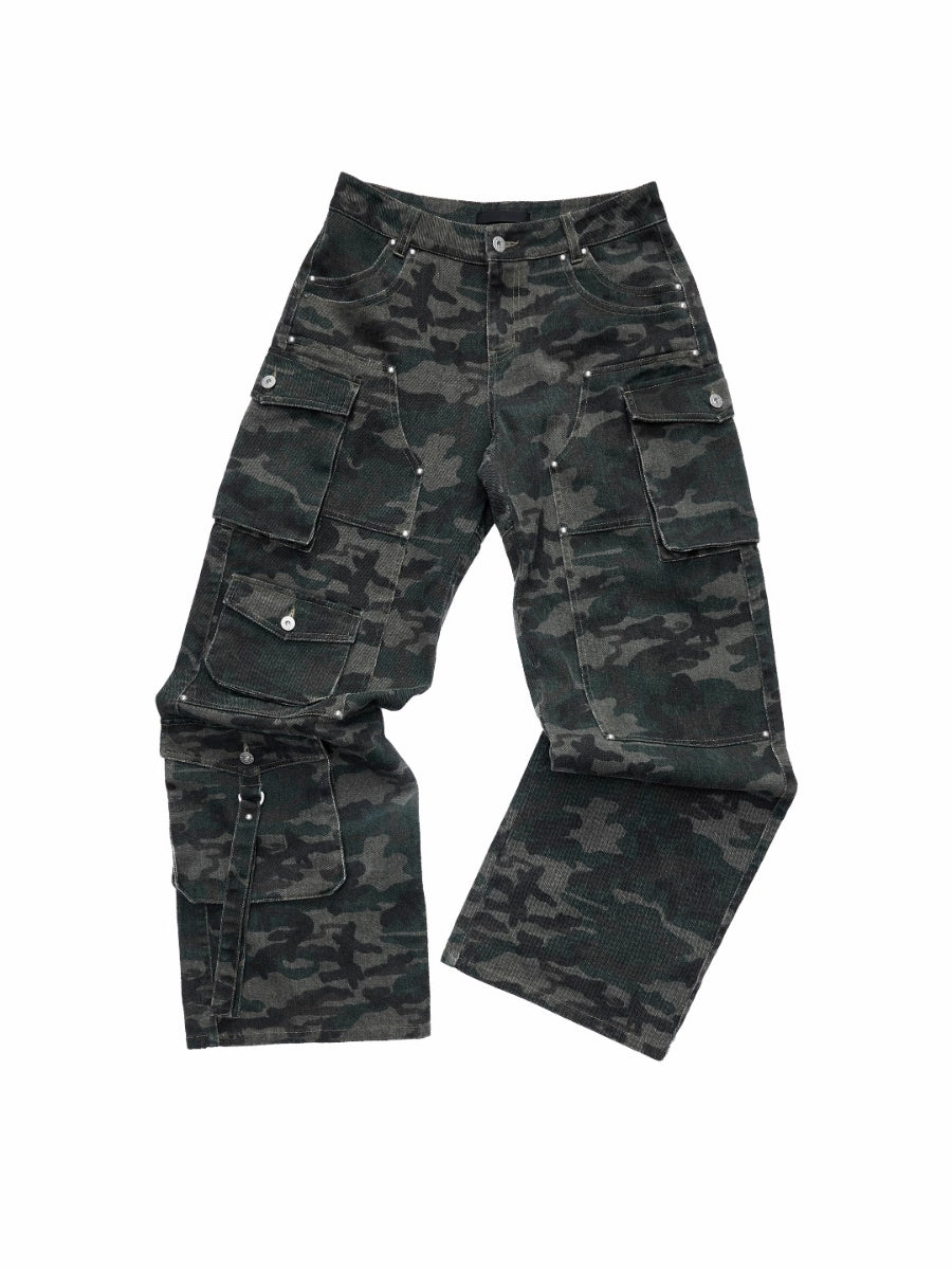 Washed Camo Multi-Pocket Cargo Wide-Leg Pants