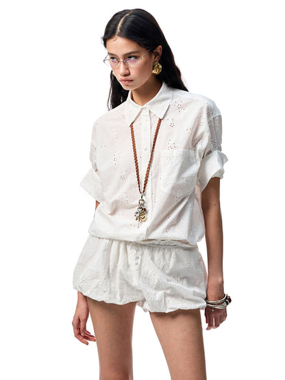 Medium-Sleeve Jacquard Shirt &amp; Shorts Set