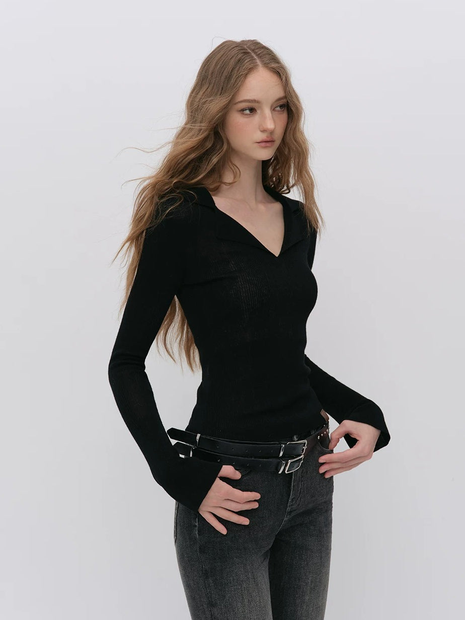 Ribbed Wool Polo Top