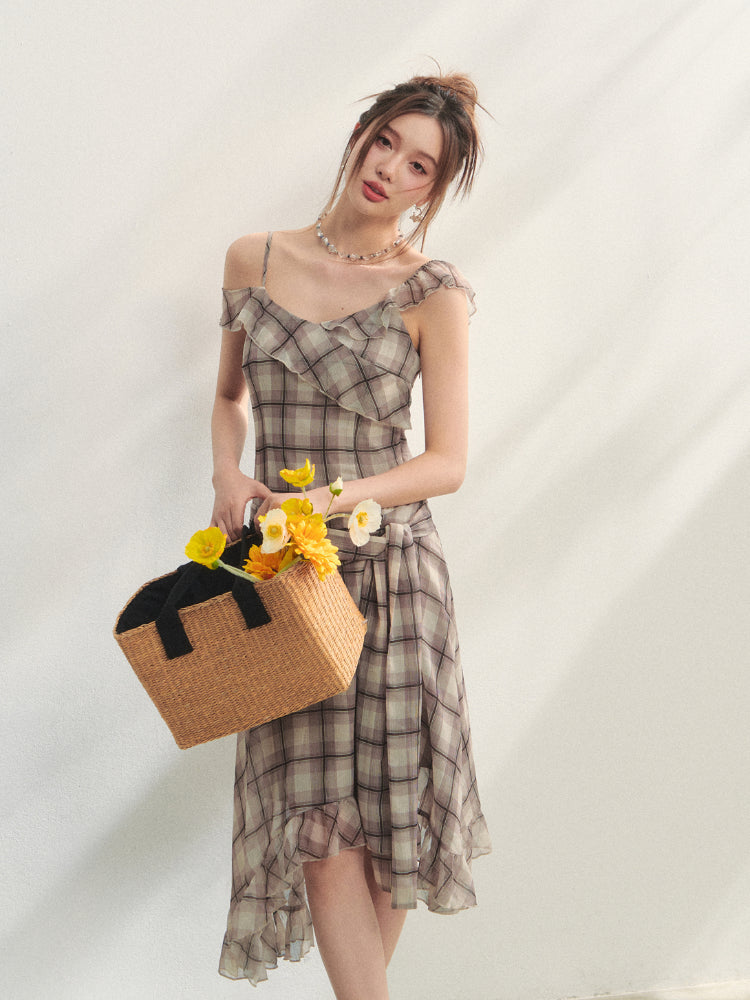 Checkered Print Asymmetrical Slip Dress