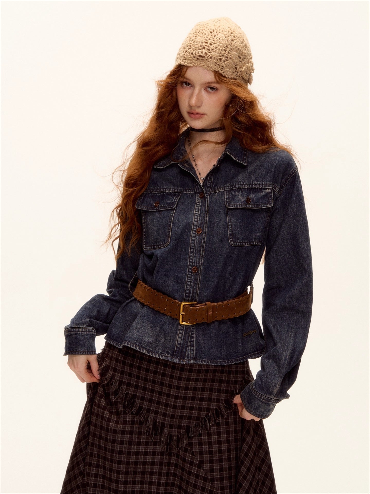 Washed Denim Belted Polo Shirt