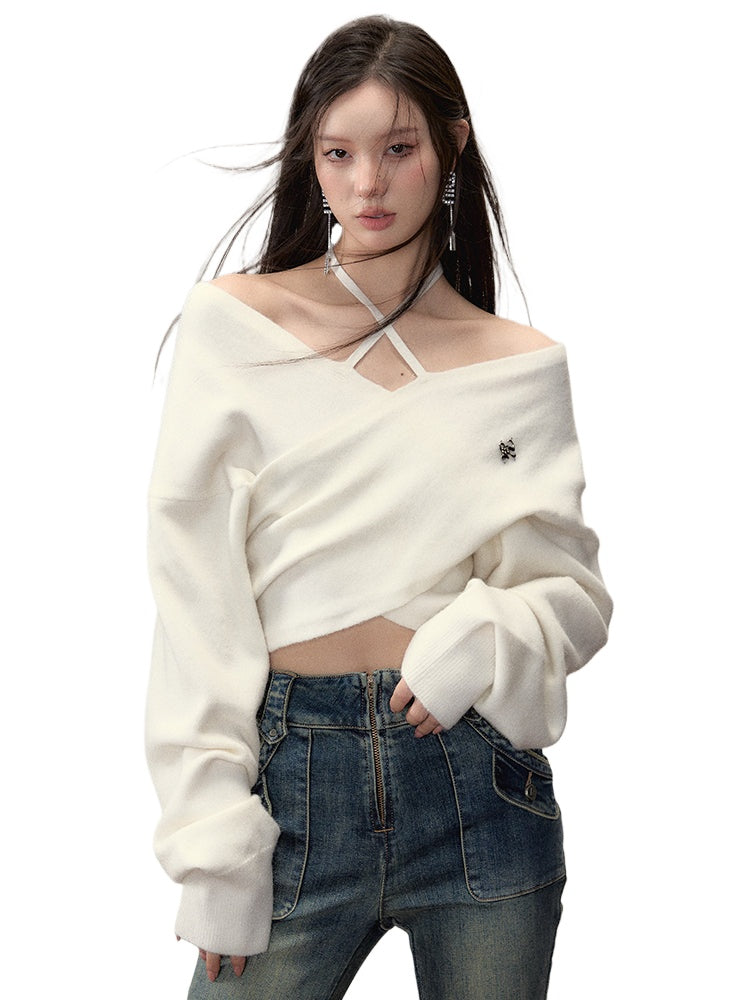 Grey & White Off-shoulder Knitted Wool Sweater