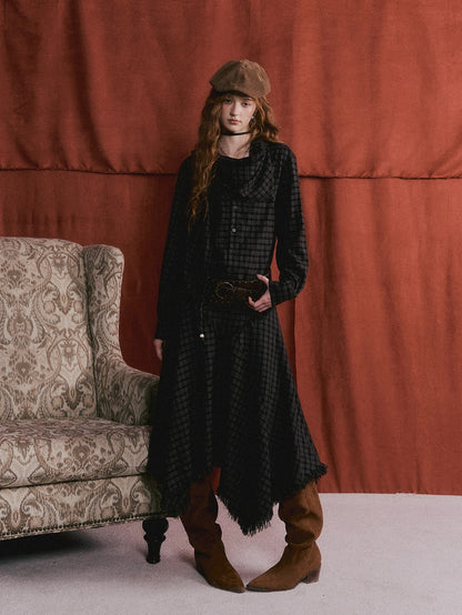 Frayed Hem Plaid Studded Belt Asymmetric A-Line Midi Skirt