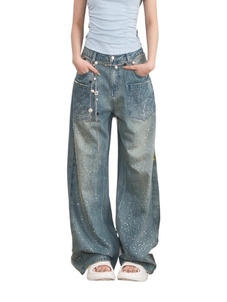 3D Rhinestone Wide-Leg Denim Pants