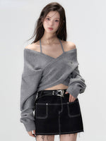 Grey & White Off-shoulder Knitted Wool Sweater