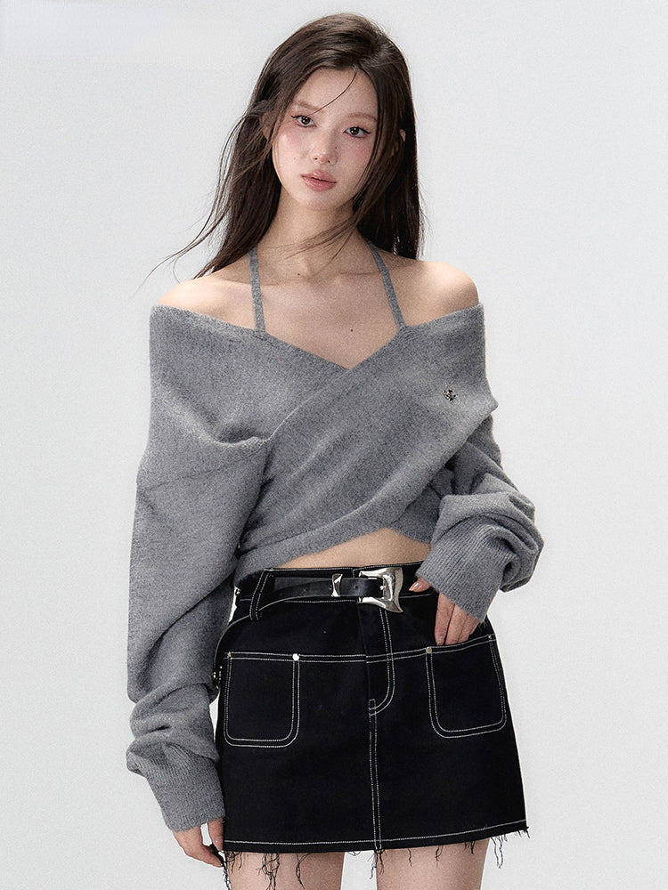 Grey &amp; White Off-shoulder Knitted Wool Sweater