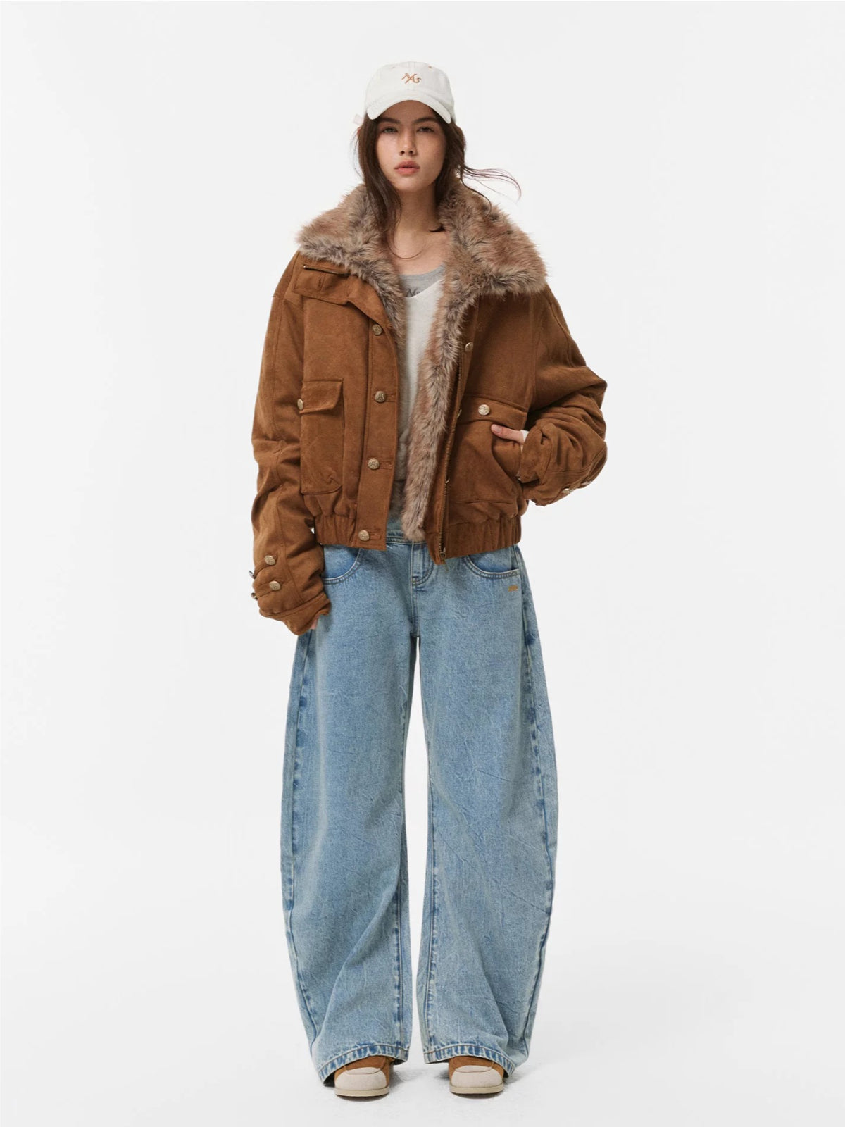 Double Waistband Washed Barrel Jeans