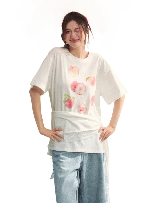 Fruit Print Lace-Trimmed Tie-Up T-shirt