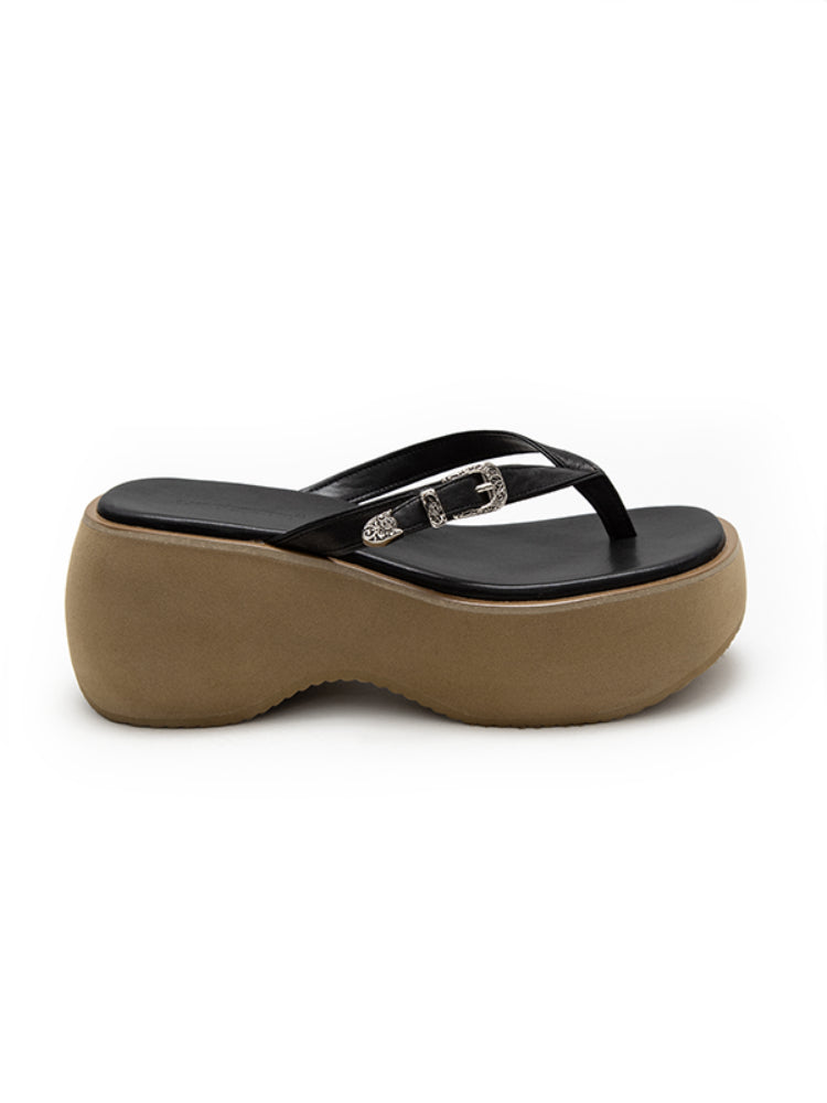 Platform Wedge Leather Flip-Flops