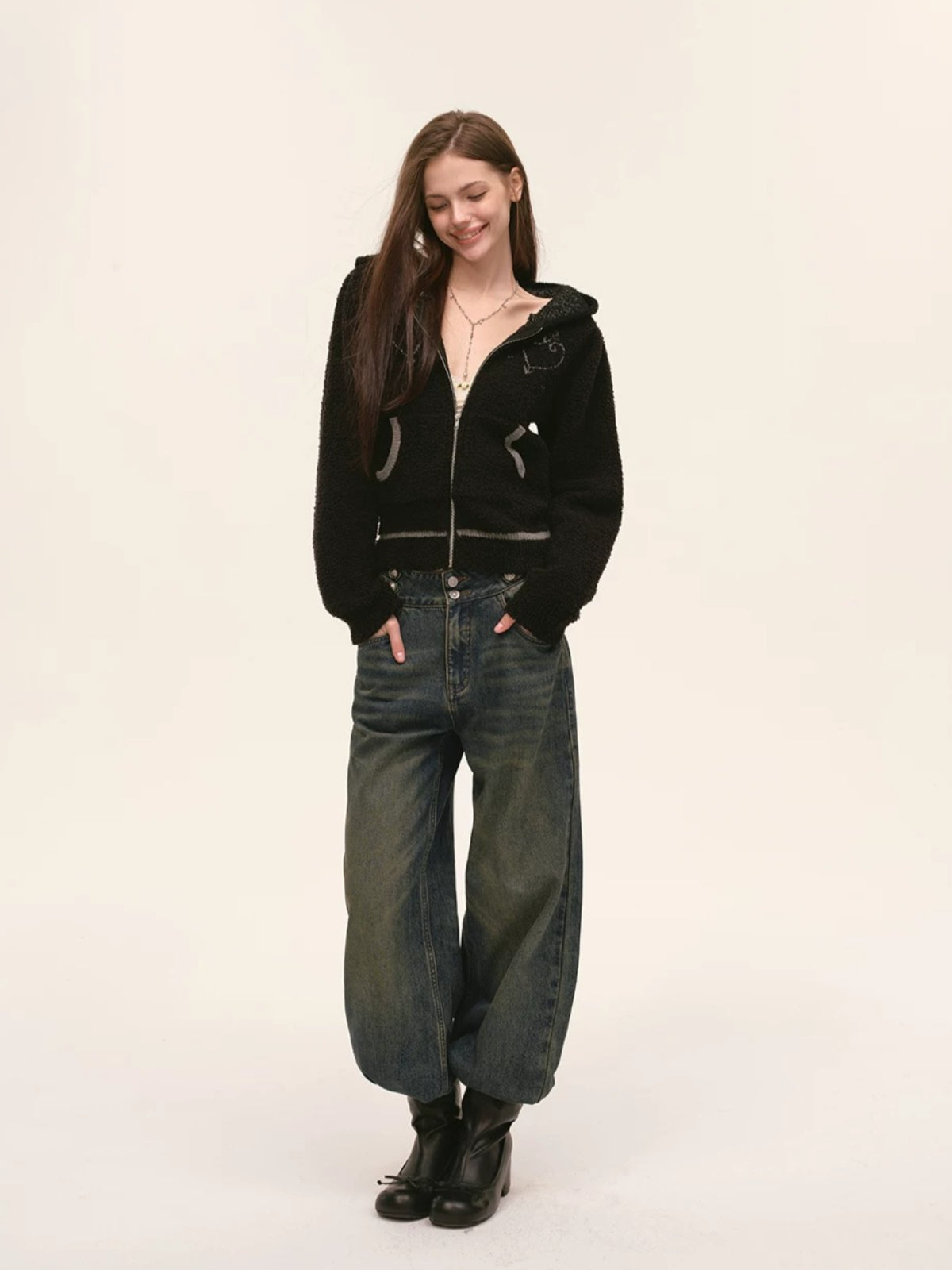 Vintage Double Button Wide-Leg Jeans